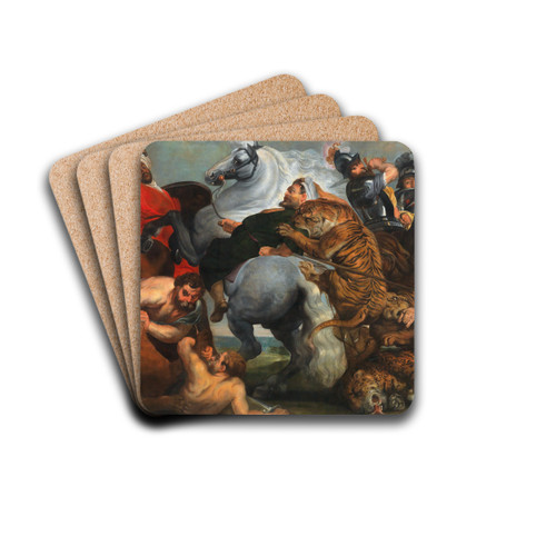 The Tiger, Lion and Leopard hunt by Follower of Peter Paul Rubens Drink Coasters - set of 4