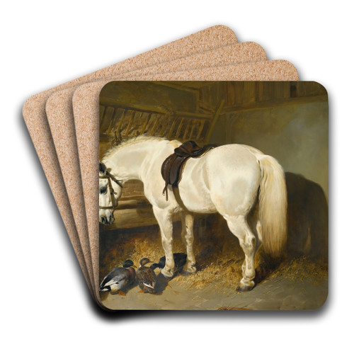 A Grey Pony In A Stable With Ducks by John Frederick Herring Snr. Art Drink Coaster set