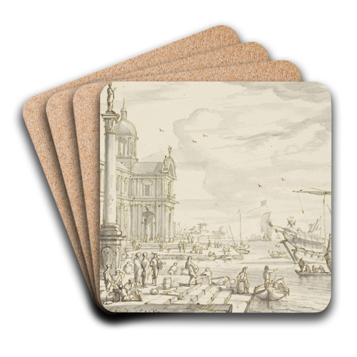 Seaport, a column on the left by Abraham Storck Art Drink Coaster set Seaport, a column on the left by Abraham Storck Art Drink Coaster set