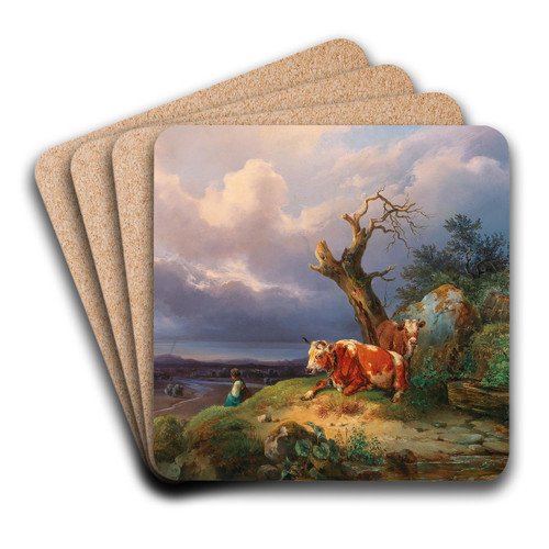 A Shepherdess with Two Cows in a Vast Landscape by Edmund Mahlknecht Art Drink Coaster set A Shepherdess with Two Cows in a Vast Landscape by Edmund Mahlknecht Art Drink Coaster set