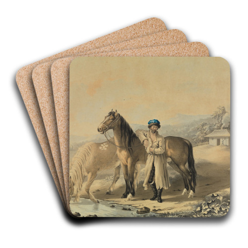 Trke mit zwei Pferden am Bach by Johann Georg Pforr Art Drink Coaster set