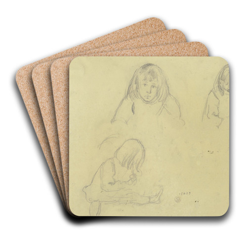 Studienblatt; Mdchen mit schulterlangem Haar, zweimal als Brustbild von vorn, einmal sitzend von der Seite by Gustav Schraegle Art Drink Coaster set Studienblatt; Mdchen mit schulterlangem Haar, zweimal als Brustbild von vorn, einmal sitzend von der Seite by Gustav Schraegle Art Drink Coaster set