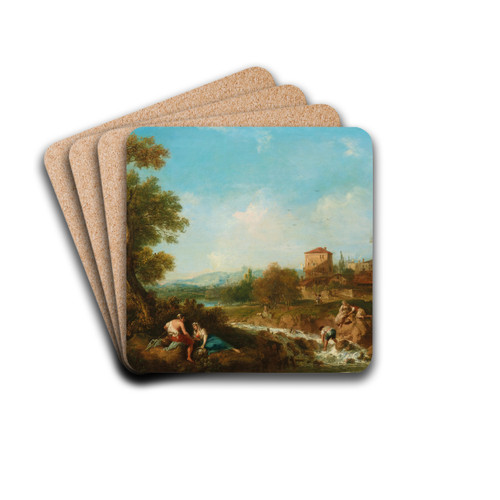 An Arcadian landscape with figures near a stream, a village beyond by Francesco Zuccarelli Drink Coasters - set of 4