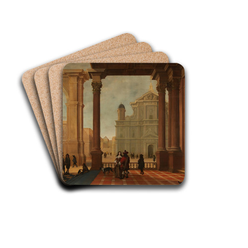 An architectural capriccio with elegant figures and a church beyond by Bartholomeus van Bassen Drink Coasters - set of 4 An architectural capriccio with elegant figures and a church beyond by Bartholomeus van Bassen Drink Coasters - set of 4