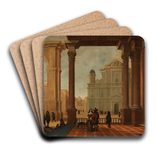 An architectural capriccio with elegant figures and a church beyond by Bartholomeus van Bassen Art Drink Coaster set An architectural capriccio with elegant figures and a church beyond by Bartholomeus van Bassen Art Drink Coaster set