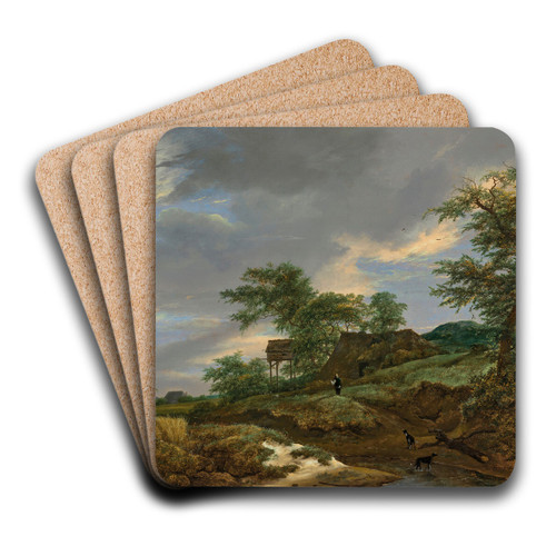 A wooded landscape with a man and two dogs on a path, a cottage beyond by Jacob van Ruisdael Art Drink Coaster set