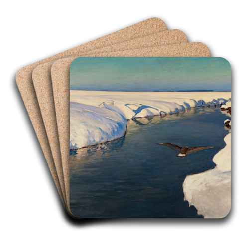 Winter landscape with a river and a bird by Julian Falat Art Drink Coaster set
