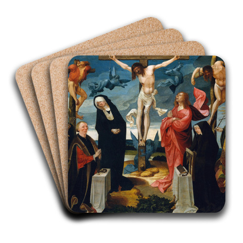The Crucifixion with Donors and Saints Peter and Margaret by Cornelis Engebrechtsz Art Drink Coaster set