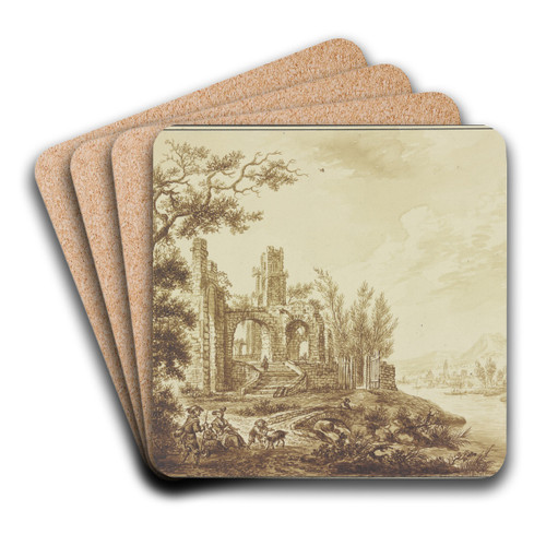 Links unter einem Baum Ruinen, rechts Ausblick auf eine Flulandschaft, im Vordergrund ein rastendes Paar mit zwei Kindern by Franz Hochecker Art Drink Coaster set