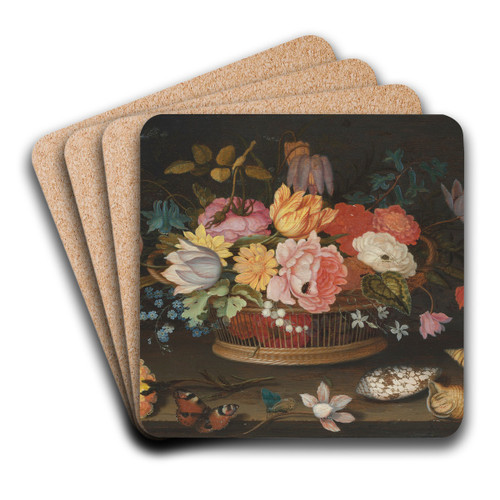Flowers in a wicker basket on a table by Balthasar van der Ast Art Drink Coaster set