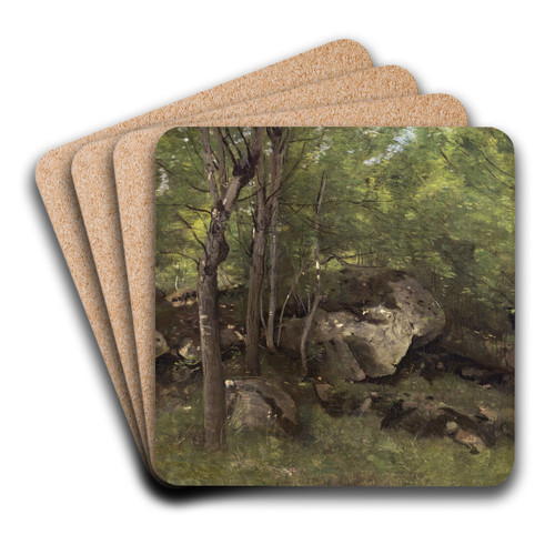 Rocks in the Forest of Fontainebleau by Jean-Baptiste-Camille Corot Art Drink Coaster set