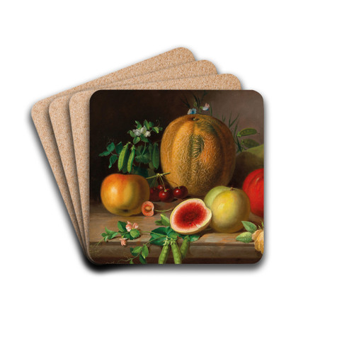 A Kitchen Still Life with Melon, Tomato, Apples, Pears and Flowering Pea Pods, by Johann Georg Seitz Drink Coasters - set of 4