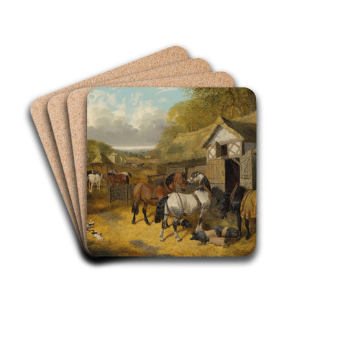 Horses, pigs and ducks in a farmyard by John Frederick Herring Jr. Drink Coasters - set of 4