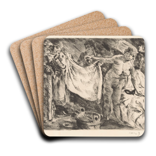 Groep vrouwen, waarvan n naakt en een ander een doek omhooghoudend by Lovis Corinth Art Drink Coaster set