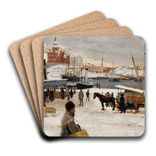 Winter Day In Helsinki Market Square, Study by Albert Edelfelt Art Drink Coaster set
