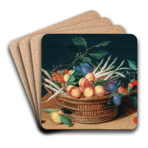 Apricots, cherries, plums, radishes and asparagus in a wicker basket by Isaac Soreau Art Drink Coaster set