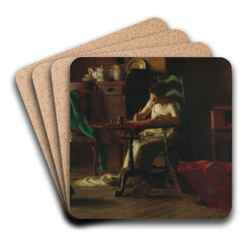Woman writting on a table by Thomas Pollock Anshutz Art Drink Coaster set