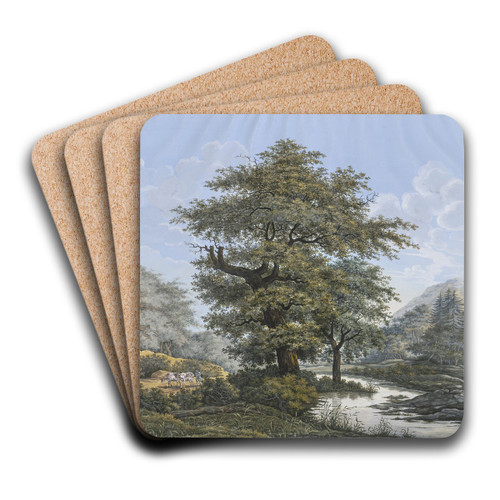 Baumreiche Landschaft, in der Mitte eine Eiche am Ufer eines Flusses by Johann David Passavant Art Drink Coaster set
