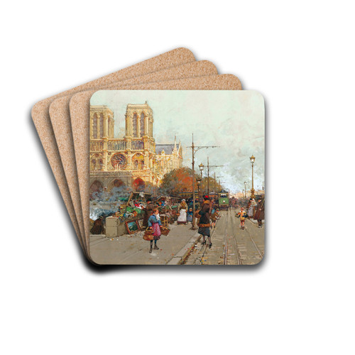 Notre Dame De Paris, Vue Du Quai De Montebello by Eugne Galien-Laloue Drink Coasters - set of 4