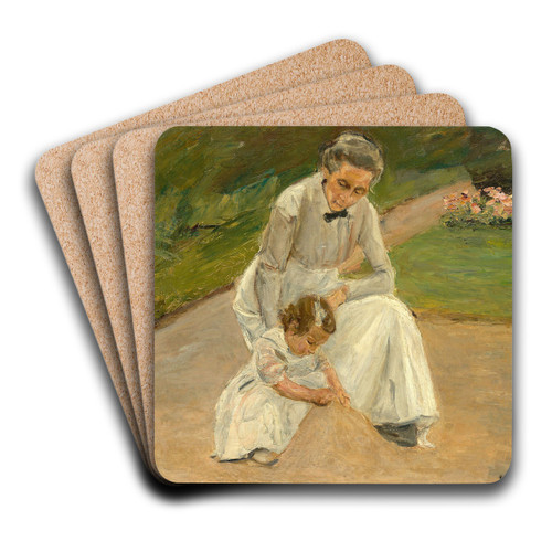 Enkelin und Kinderfrau beim Spielen im Garten by Max Liebermann Art Drink Coaster set