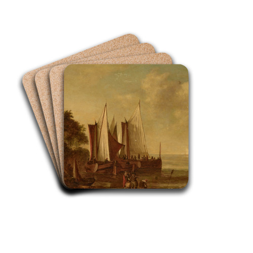 Sailing barges off the coast with figures standing on the shore by Lieve Pietersz. Verschuier Drink Coasters - set of 4