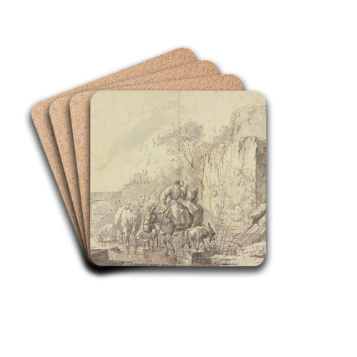 Hirtin und Hirte mit ihrer Herde in einer Ruinenlandschaft, ein antikes Fresko betrachtend by Johann Heinrich Roos Drink Coasters - set of 4 Hirtin und Hirte mit ihrer Herde in einer Ruinenlandschaft, ein antikes Fresko betrachtend by Johann Heinrich Roos Drink Coasters - set of 4