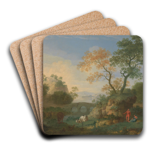 A Landscape with Distant Classical Ruins, a Bridge, Figures, and Cattle by William Smith Art Drink Coaster set