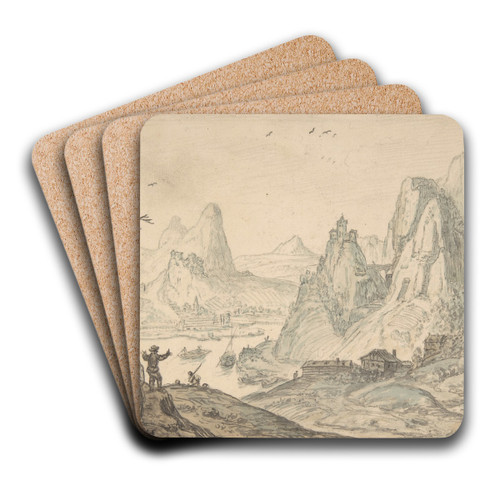 River Landscape with Mountains by Herman Saftleven Art Drink Coaster set