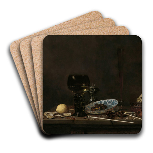 Still Life with Roemer, Flute Glass, Earthenware Jug and Pipes by Jan Jansz. van De Velde III Art Drink Coaster set