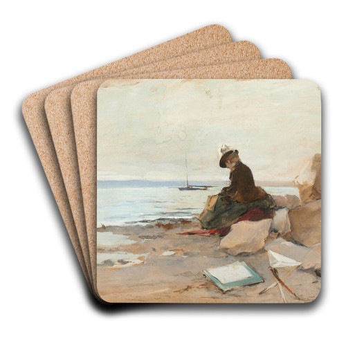 Femme peintre en bord de mer by Alfred Stevens Art Drink Coaster set Femme peintre en bord de mer by Alfred Stevens Art Drink Coaster set
