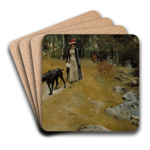 On The Shore Bank (Annie Edelfelt With A Dog) by Albert Edelfelt Art Drink Coaster set