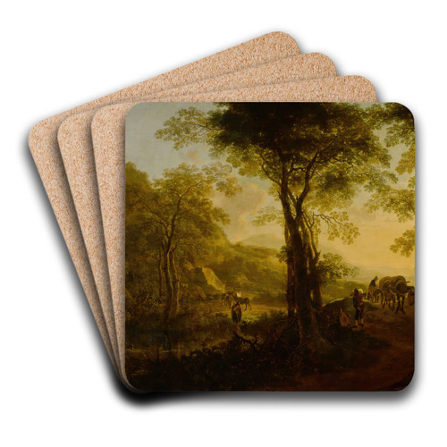 Italianate landscape at sunset, with travelers on a country road by Jan Both Art Drink Coaster set