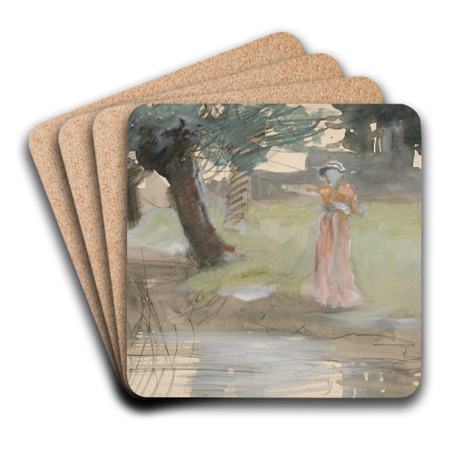Woman standing by a riverbank by Edwin Austin Abbey Art Drink Coaster set