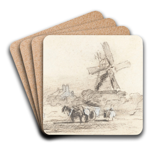 A Cart with Two Horses near a Windmill by David Cox Art Drink Coaster set A Cart with Two Horses near a Windmill by David Cox Art Drink Coaster set