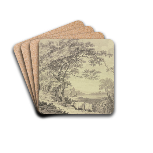An einem von Wald umgebenem Teich, Hirte und Hirtin mit zwei Khen und einer Ziege by Danil Dupr Drink Coasters - set of 4