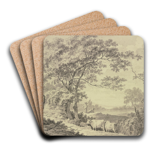 An einem von Wald umgebenem Teich, Hirte und Hirtin mit zwei Khen und einer Ziege by Danil Dupr Art Drink Coaster set