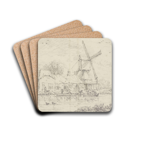 House and Windmill on the Bank of a Canal by Jacob van Ruisdael Drink Coasters - set of 4