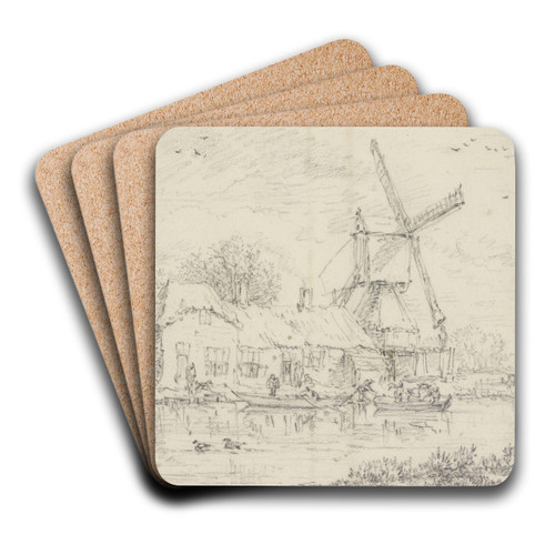 House and Windmill on the Bank of a Canal by Jacob van Ruisdael Art Drink Coaster set