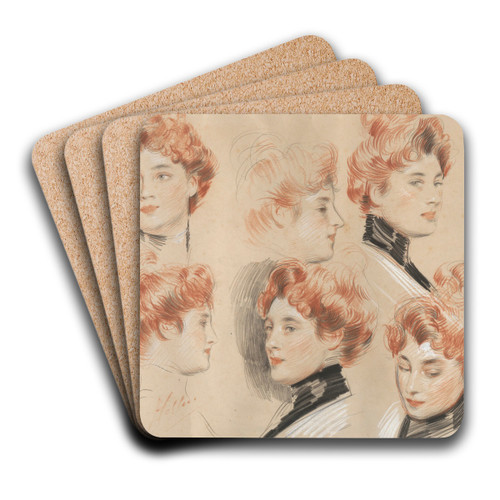 Six Studies of the head of a Lady traditionally identified as Mrs. Gertrude Vanderbilt Whitney by Paul Csar Helleu Art Drink Coaster set