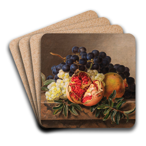 Pomegranates and green and blue grapes on a marble frame by Johan Laurentz Jensen Art Drink Coaster set