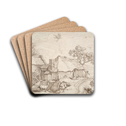Farm Buildings with Peasants, a Goat, and the Abduction ofGanymede by After Abraham Bloemaert Drink Coasters - set of 4