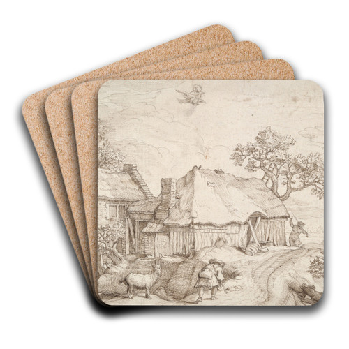 Farm Buildings with Peasants, a Goat, and the Abduction ofGanymede by After Abraham Bloemaert Art Drink Coaster set