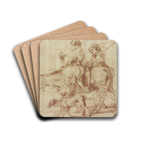 Frau mit Kind auf einem Esel reitend, ein junger Mann zu Fu nebenher gehend by Giovanni Benedetto Castiglione Drink Coasters - set of 4