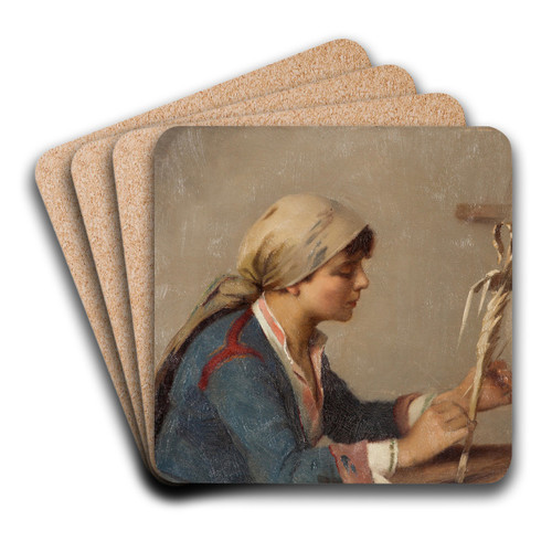 Young girl weaving willow branches by Theodoros Ralli Art Drink Coaster set