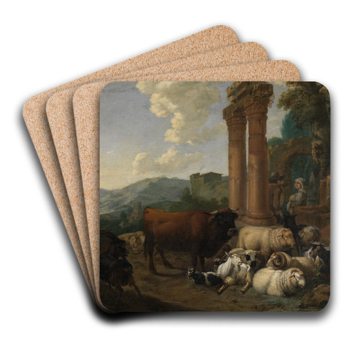 Hirtenszene in rmischer Ruinenlandschaft by Johann Heinrich Roos Art Drink Coaster set Hirtenszene in rmischer Ruinenlandschaft by Johann Heinrich Roos Art Drink Coaster set