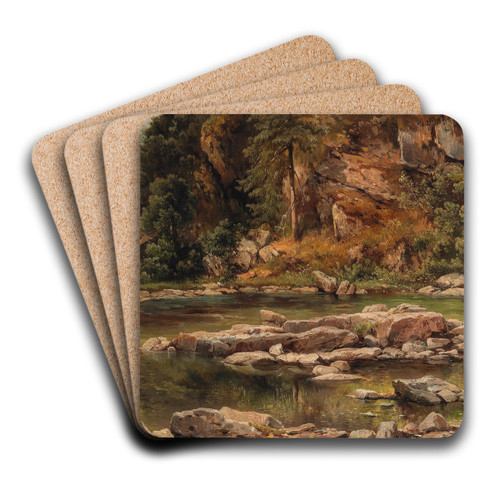 A Wooded River Landscape by Carl Franz Emanuel Haunold Art Drink Coaster set