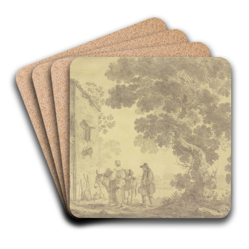Vor einem Hause unter einem groen Baume ein Mann und eine Frau mit einem Esel by Jean-Baptiste Pillement Art Drink Coaster set