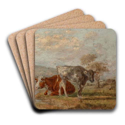A sketch of two cows in a landscape by William Huggins Art Drink Coaster set