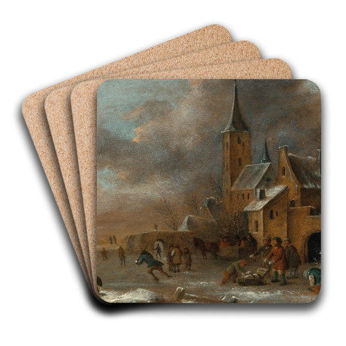 A winter landscape with skaters on the ice by Nicolaes Molenaer Art Drink Coaster set