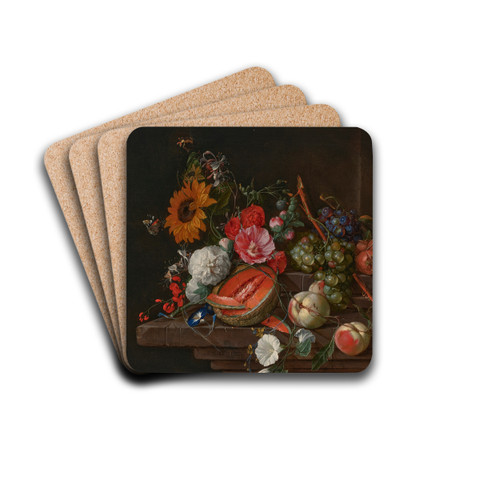 A melon, peaches, grapes, medlars, sunflowers, roses, peonies and other flowers with butterflies and other insects on a stone ledge by Cornelis de Heem Drink Coasters - set of 4